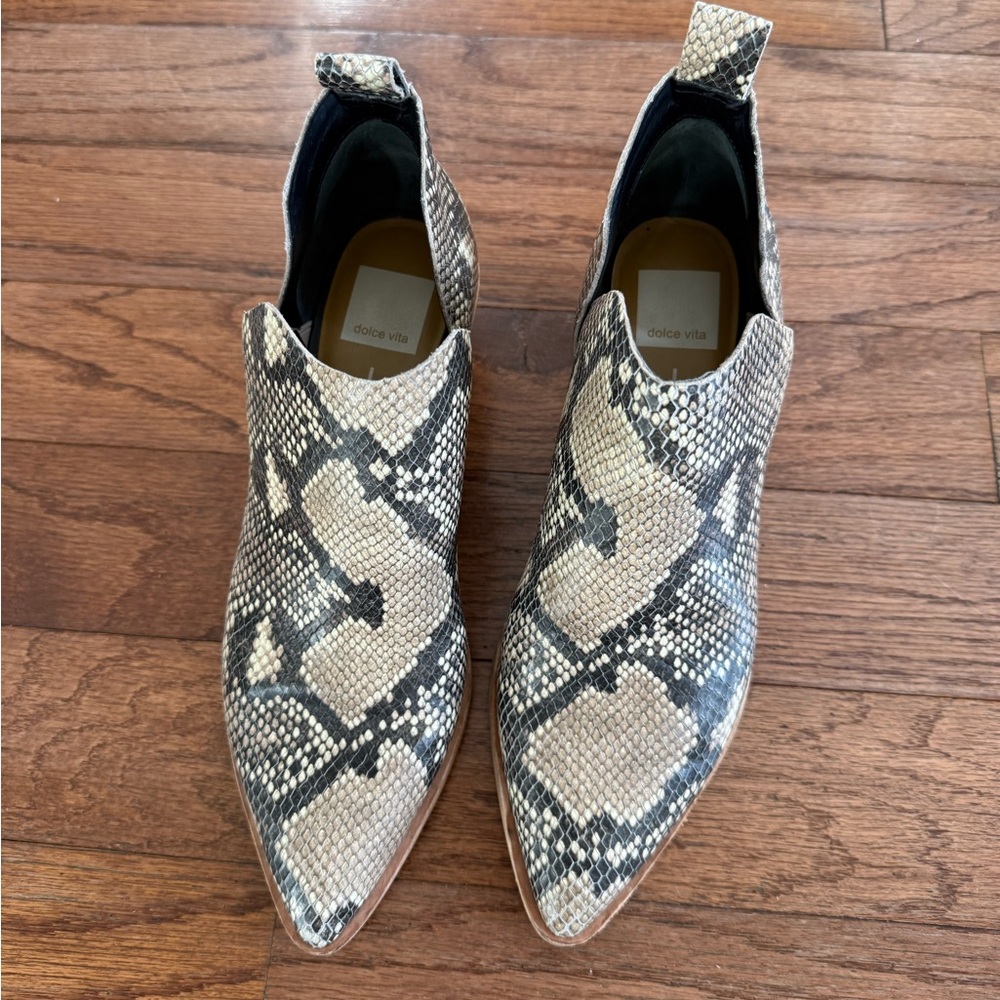 Dolce Vita Black, Tan and Cream Snakeskin Booties
